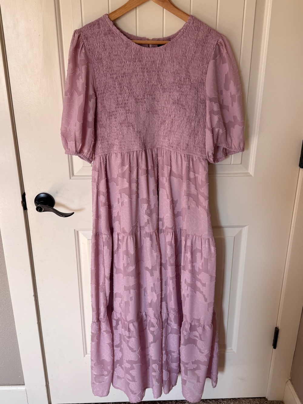 Smocked Bodice Tiered Midi Dress in Dusty Pink